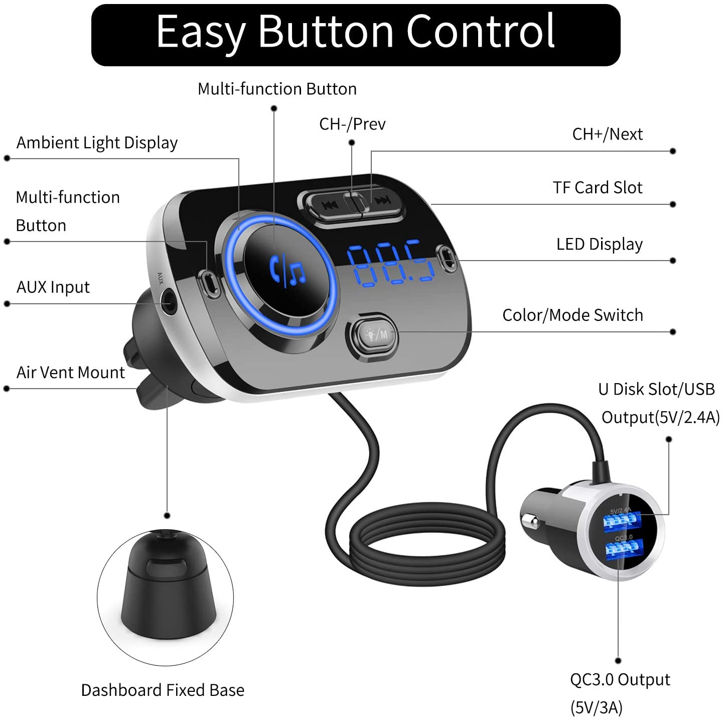 Ταχυφορτιστής Αυτοκινήτου LCD Bluetooth 5.0 FM Mp3 Player & 2 USB - Handsfree Car Kit 